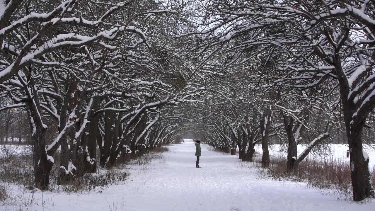donna con il cane sulla strada innevata
