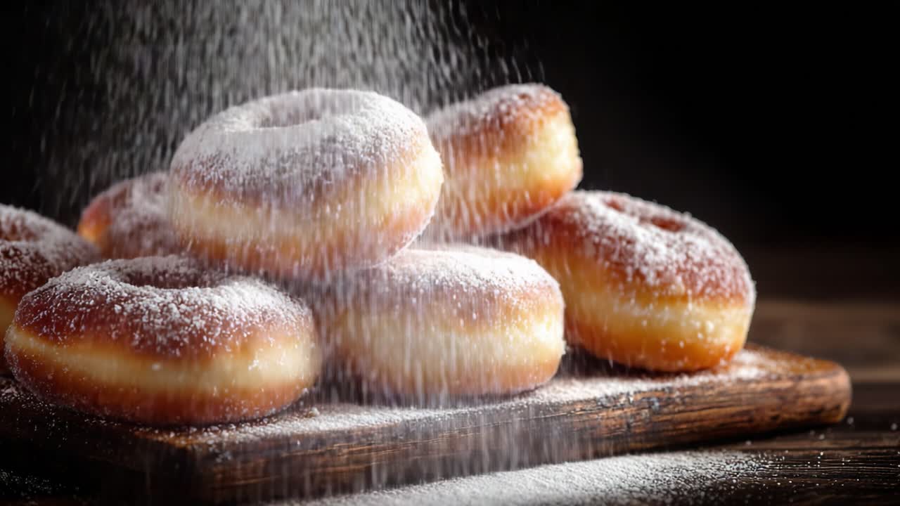 Eine köstliche Anordnung frisch zubereiteter Donuts, bestreut mit Puderzucker, die ihre goldbraune Außenseite und flauschige Textur auf einer rustikalen Holzoberfläche zeigt.
