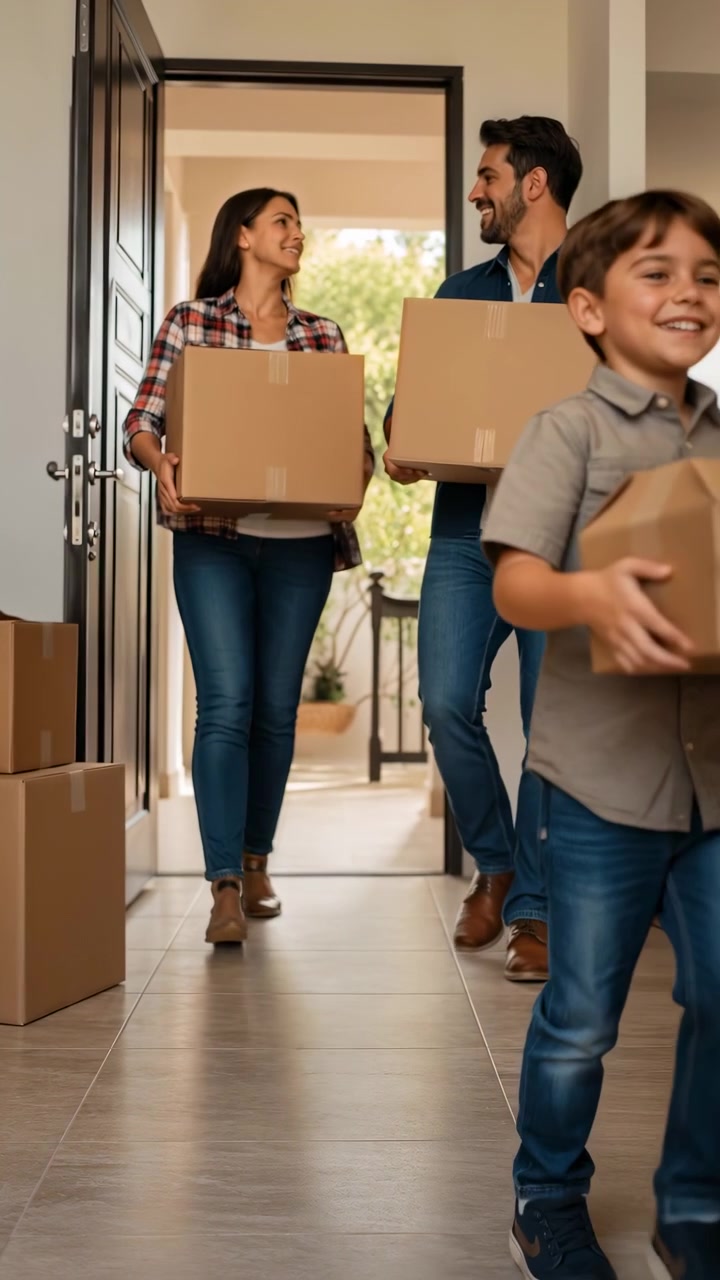 Middle stage of a moving sequence showing a smiling family entering a bright house through the open front doorway