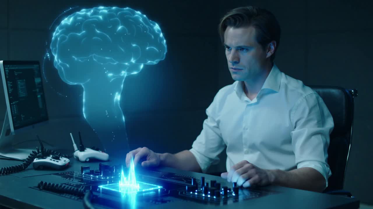 Energy spike erupting from panel, male operator in white shirt stabilizing hologram to study at lab