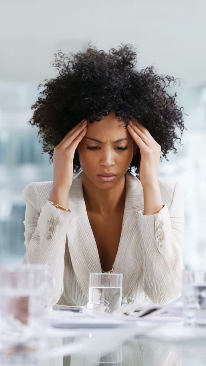 A woman experiencing stress and frustration at a modern corporate setting, conveying emotions of anxiety and discomfort as she reflects on challenges and pressures