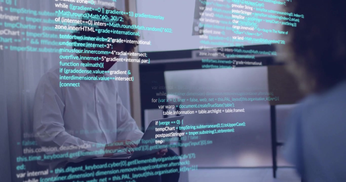 Developer typing on laptop in office showing scrolling code overlay revealing make organic feature