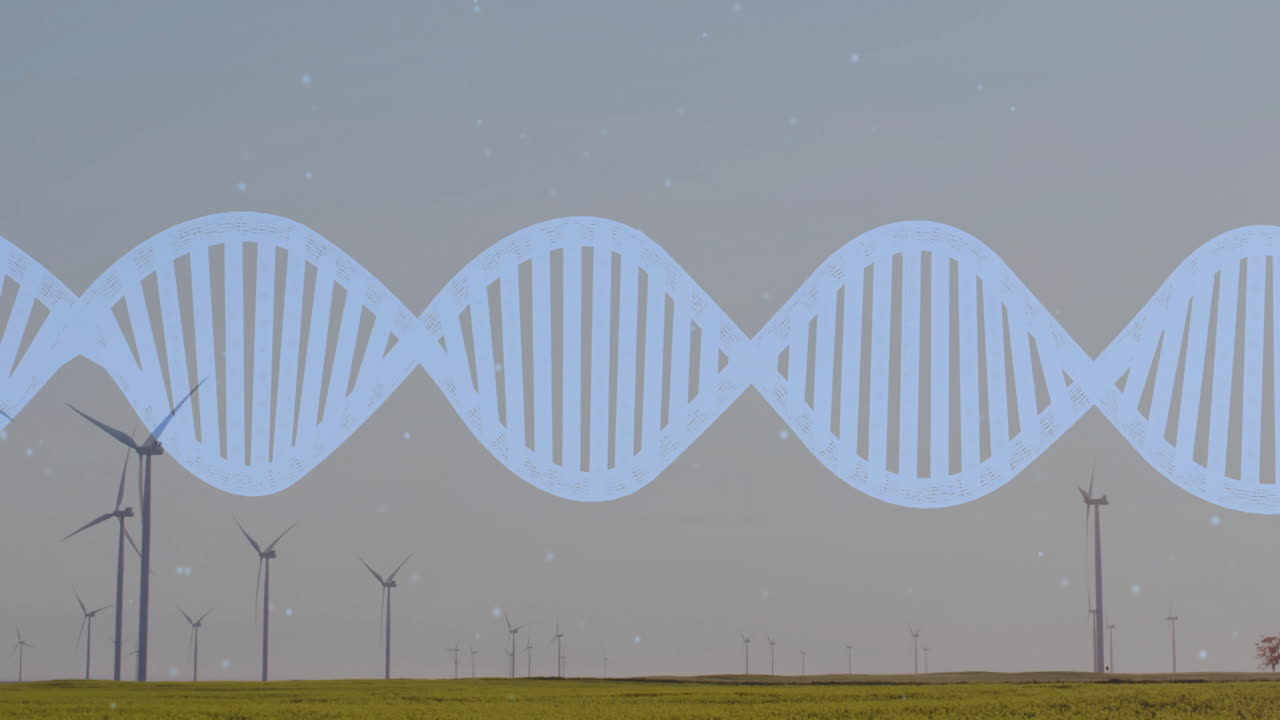 DNA double helix overlay stretching across grassy wind farm 3D render highlighting energy synergy