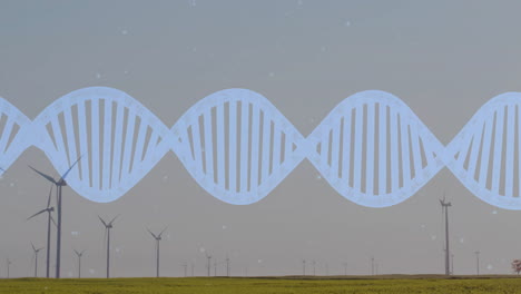 dna double helix overlay stretching across grassy wind farm 3d render highlighting energy synergy