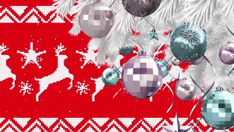 Animation-of-snowflakes-falling-over-reindeer-pattern-and-baubles-decoration-on-christmas-tree