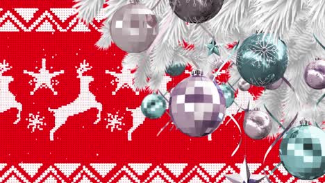 animación de copos de nieve cayendo sobre el patrón de renos y la decoración de bolas en el árbol de navidad