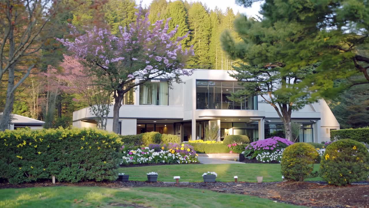 Wide-angle video shot of a modern house surrounded by lush greenery and colorful flowers