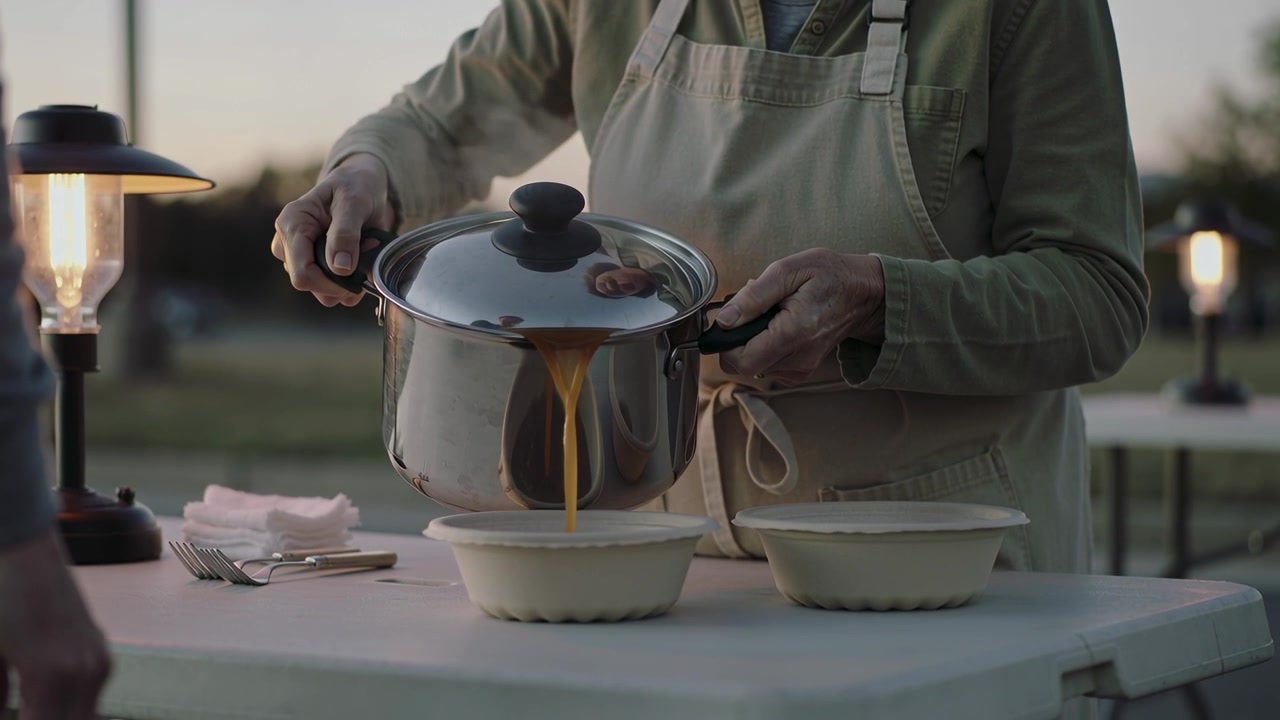 Lifting pot, senior wearing apron pouring stew into bowl at folding table by lantern