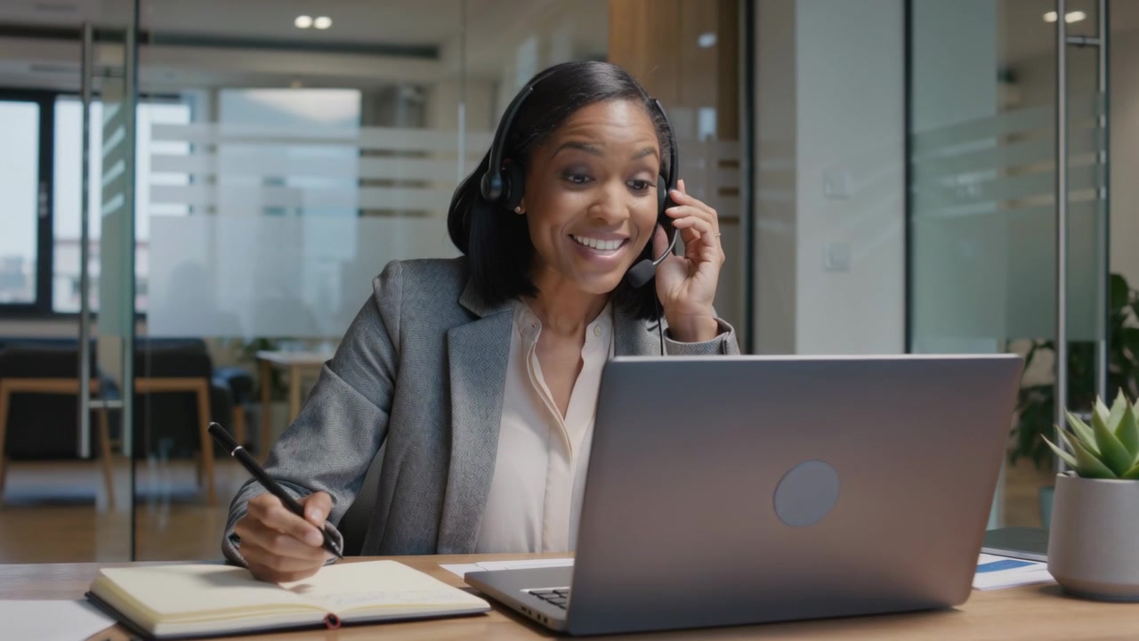 Donna in blazer che risponde a una chiamata, prende appunti e parla con un cliente tramite auricolare alla scrivania dell'ufficio.