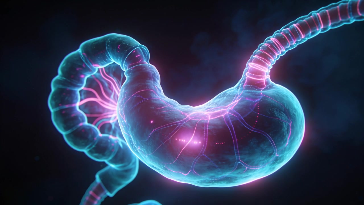 Pulsing stomach showing nodal pulses tracing magenta strands into esophagus and duodenum, signaling