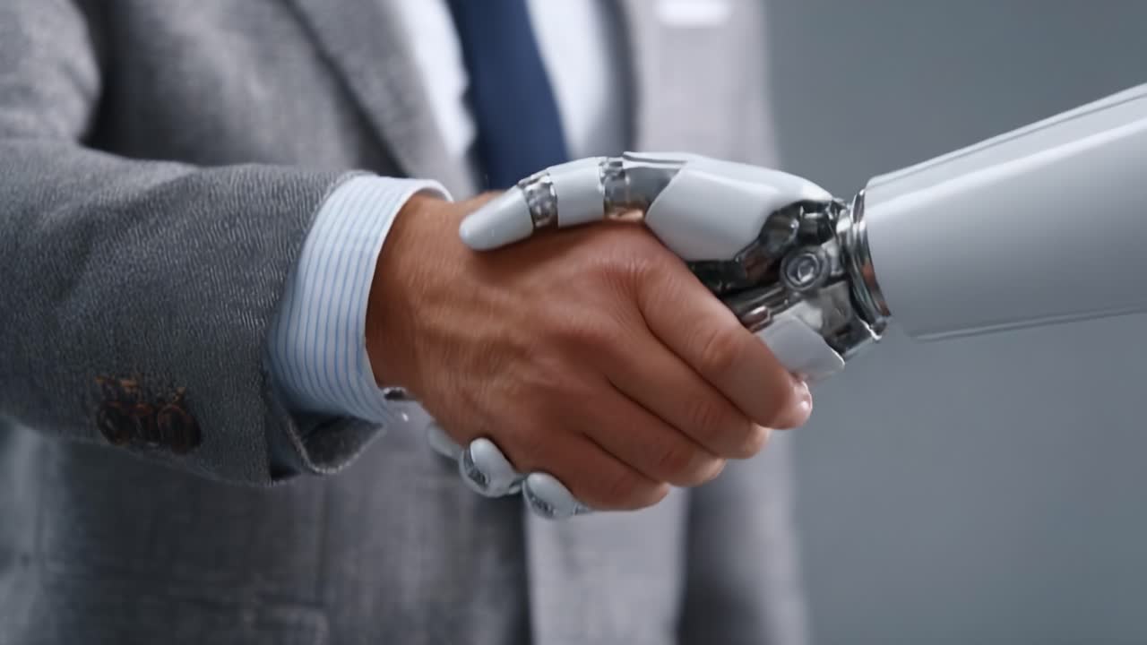 A Human and Robot Shake Hands in a Symbolic Gesture of Collaboration, Highlighting the Integration of Technology and Human Interaction in Modern Society