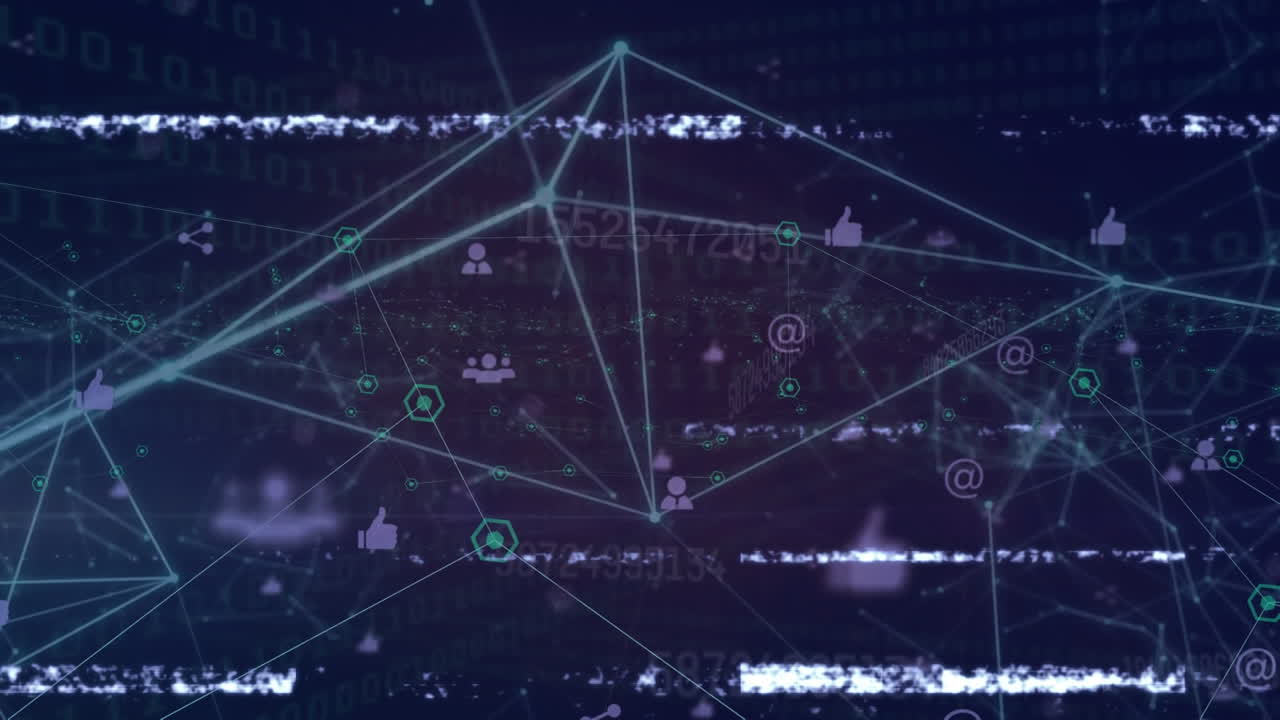 Animation of network of connections with icons over data processing