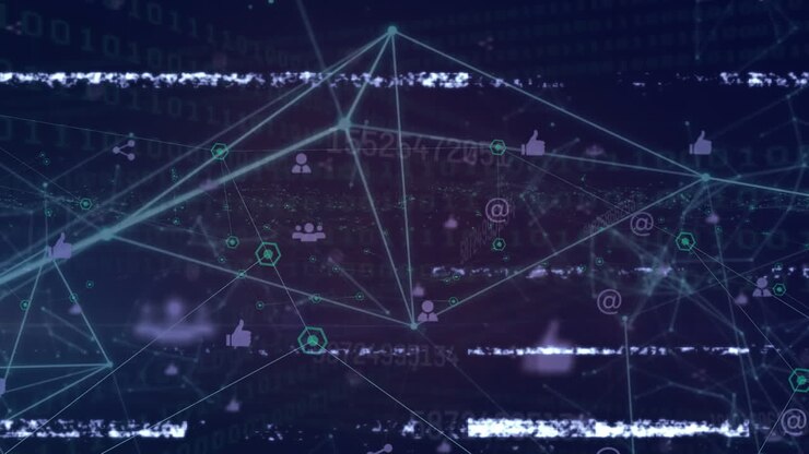 Animation of network of connections with icons over data processing