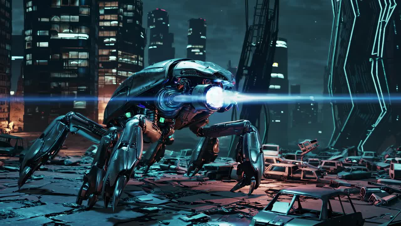 Futuristic War Robot in a Post-Apocalyptic City