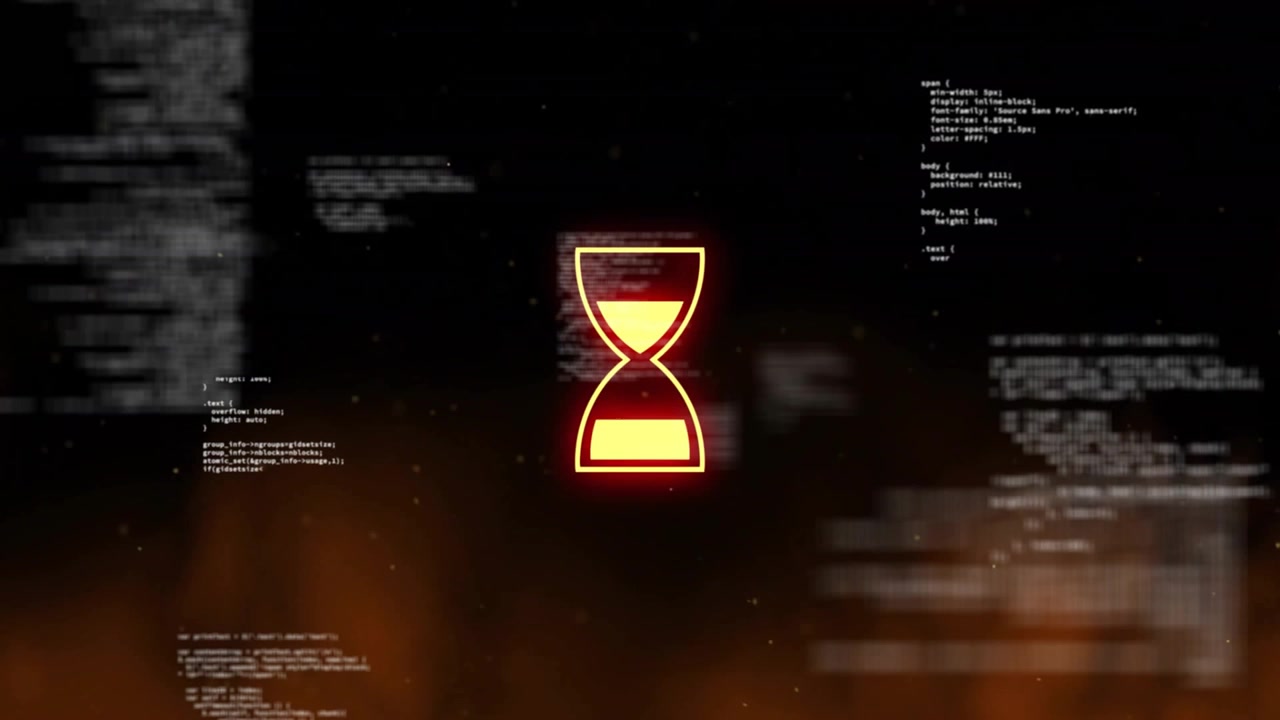 Icona stilizzata di clessidra gialla con centro luminoso, sovrapposta a frammenti di codice bianco su un'interfaccia utente in flat design