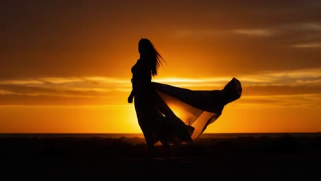a graceful silhouette of a woman flowing in the breeze at sunset, capturing the essence of freedom and beauty against a golden horizon