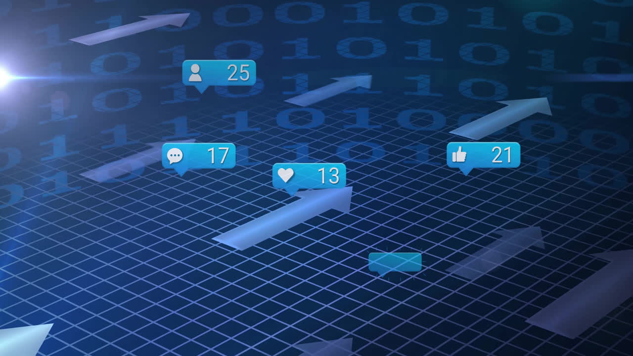 Central semi-transparent 3D arrow rising on grid, displaying blue heart bubble and binary code