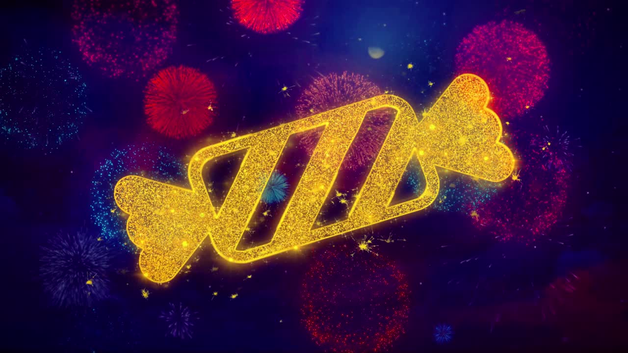 Candy icon symbol on colorful fireworks particles object shape design text element 4k loop animation