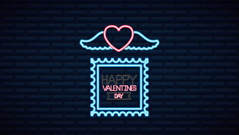 etiqueta de neón del día de san valentín animada con corazón volando