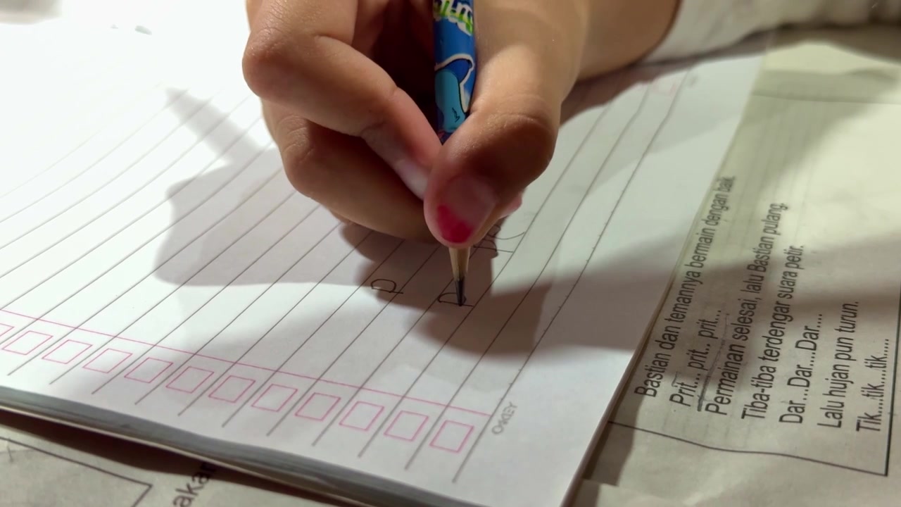 Mano practicando escritura a mano con lápiz, papel rayado visible, concepto de aprendizaje y educación infantil.