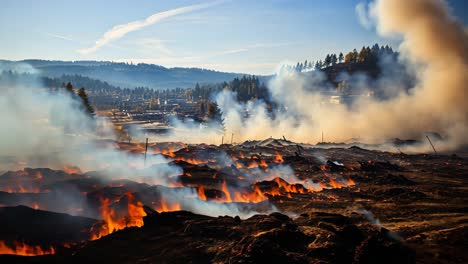 wildfire consumes landscape during golden hour in mountainous region