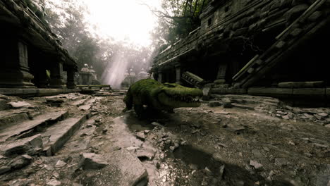 crocodile resting in an ancient overgrown temple surrounded by ruins