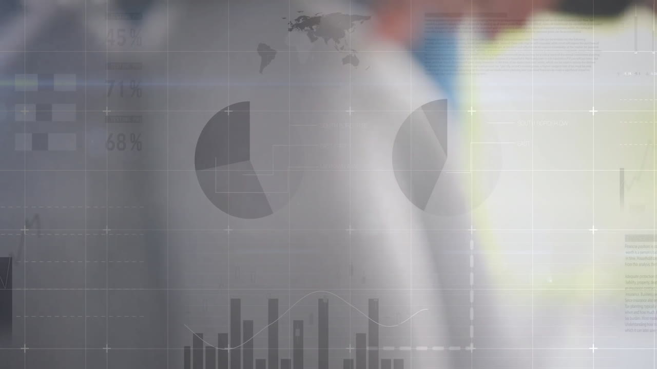 gráficos y gráficos animación sobre fondo borroso con mapa del mundo y texto