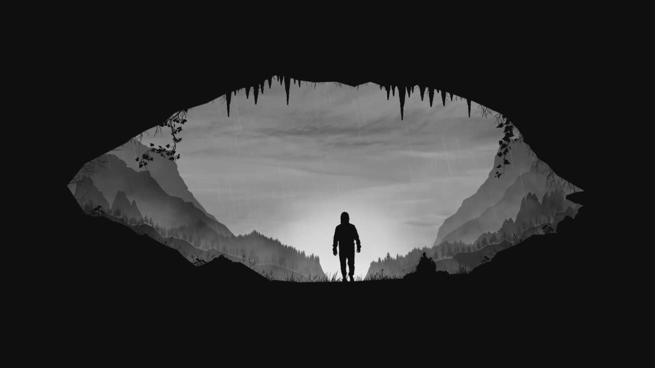 hombre encapuchado mira el paisaje brumoso desde una cueva oscura, estalactitas y hogueras