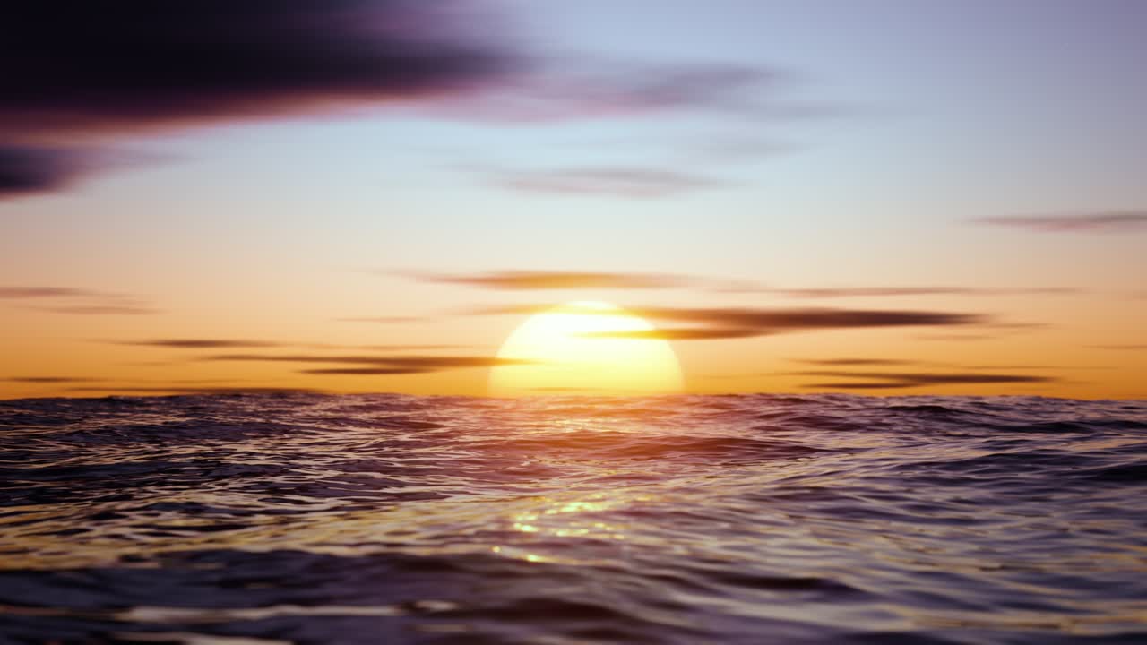 지평선 위의 바다의 반사에서 큰 뜨거운 태양, 무한한 루프 애니메이션.