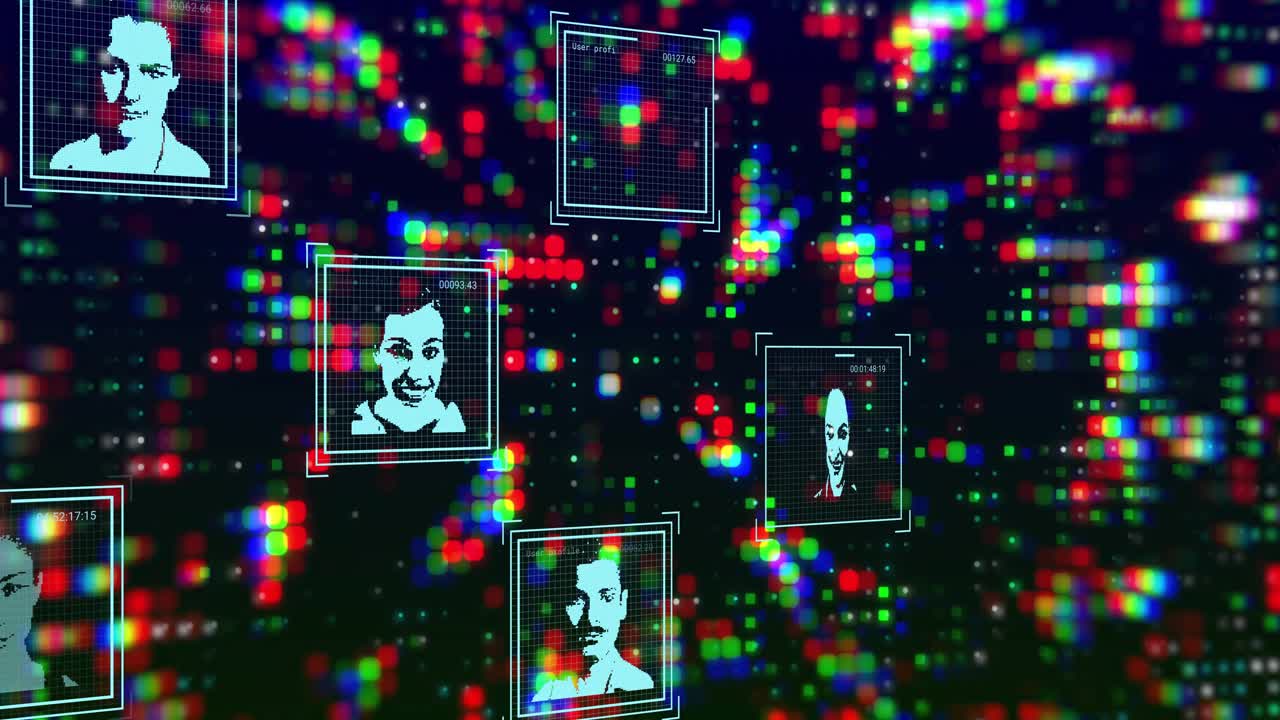 Pixel clusters forming grid spawning faces drifting in boxes tagging user profile timestamps