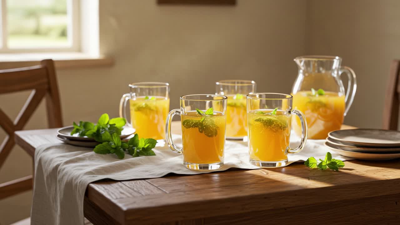 Refreshing Beverage Moment: A Delightful Arrangement of Refreshing Orange Iced Tea with Mint on a Wooden Table, Perfect for Warm Days and Gatherings