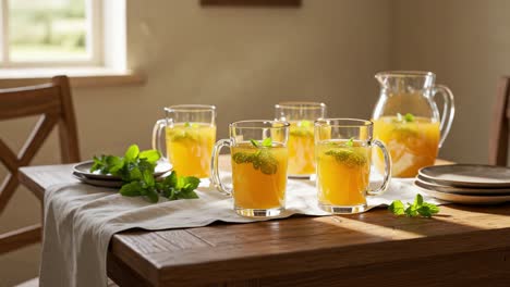 refreshing beverage moment: a delightful arrangement of refreshing orange iced tea with mint on a wooden table, perfect for warm days and gatherings