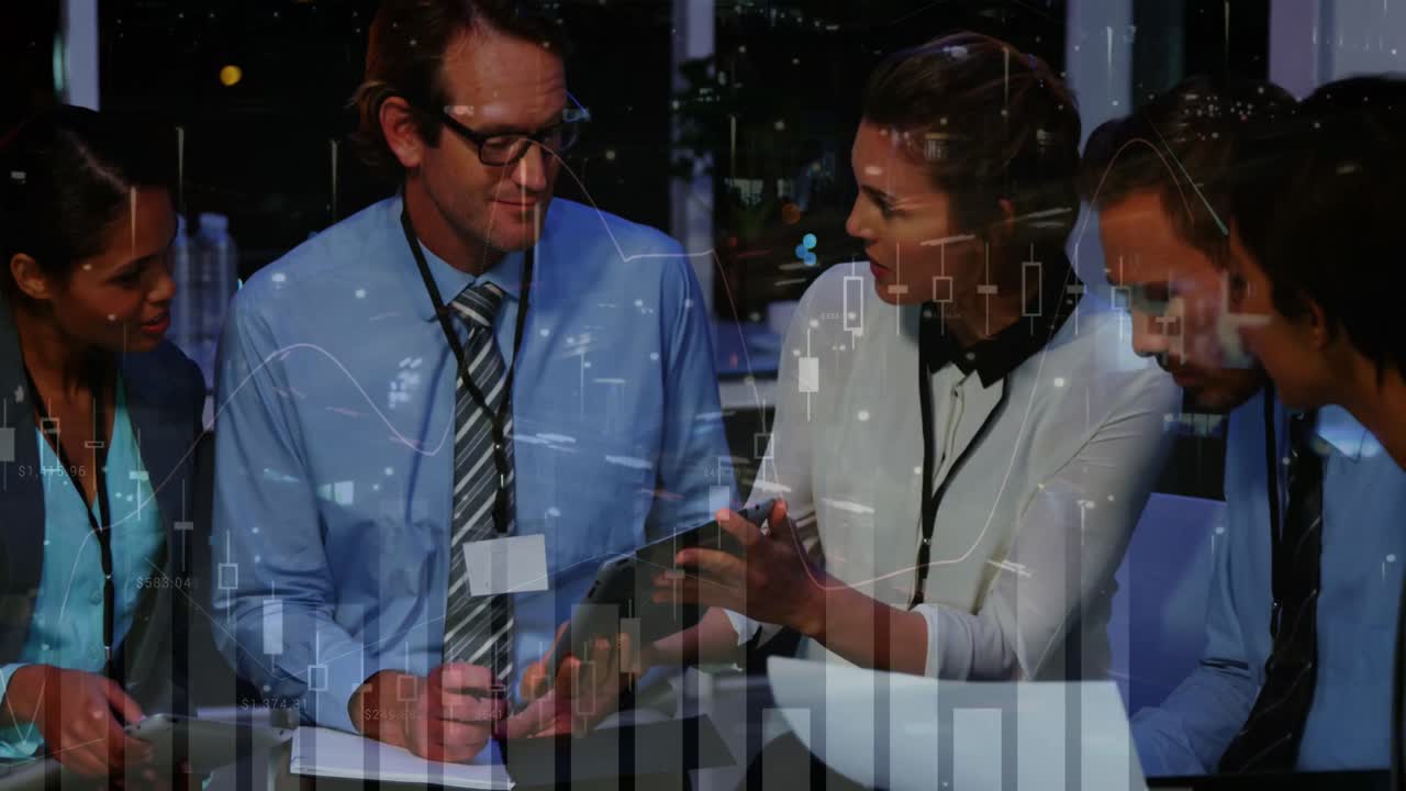 Animation of financial data processing over diverse group of business people