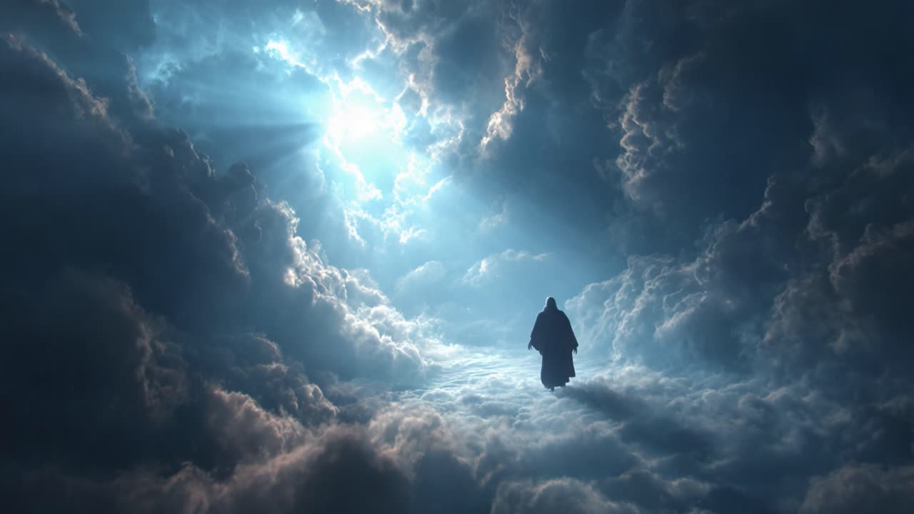 Una figura cammina attraverso un paesaggio mistico e nuvoloso, illuminato da penetranti fasci di luce dall'alto, creando un'atmosfera eterea di tranquillità e contemplazione