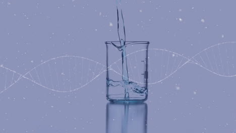 animación de adn y partículas sobre solución química que se vierte en un vaso en el laboratorio