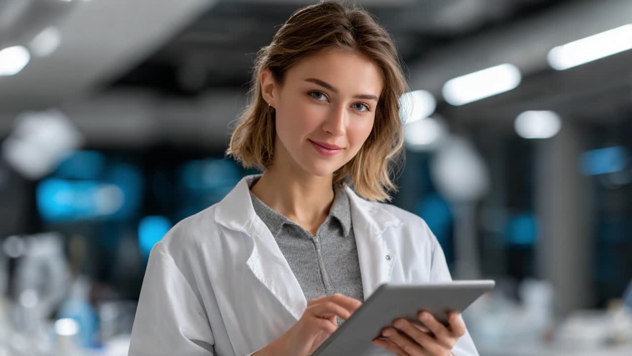 Confident Scientist Engaged in Research, Using Tablet in Modern Laboratory Setting, Demonstrating Focus on Innovative Technology and Scientific Inquiry