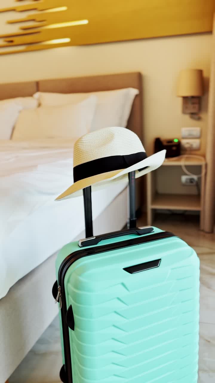 Escapada al paraíso. Una maleta empacada y un sombrero.