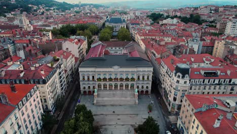 aerial-shot-over-Saint-Etienne-city-hall-in-Loire-departement-on-a-sunny-day,-auvergne-rhone-alpes-region,-france