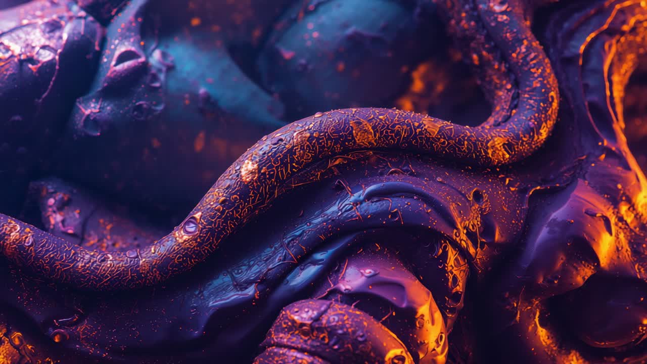 Showing coiled tubular form remaining static in colored light, with intricate folds and droplets