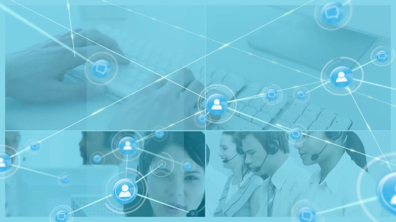 전화 헤드을 사용하는 아시아 사업가 여성에 대한 아이콘과 연결 네트워크의 애니메이션