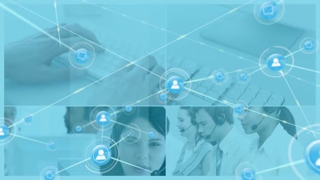 Animation-of-network-of-connections-with-icons-over-asian-businesswoman-using-phone-headset