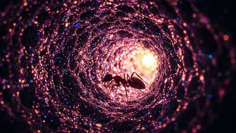an ant navigates through a dazzling, spiral tunnel filled with stardust and glittering particles, creating a mesmerizing cosmic journey for the tiny creature