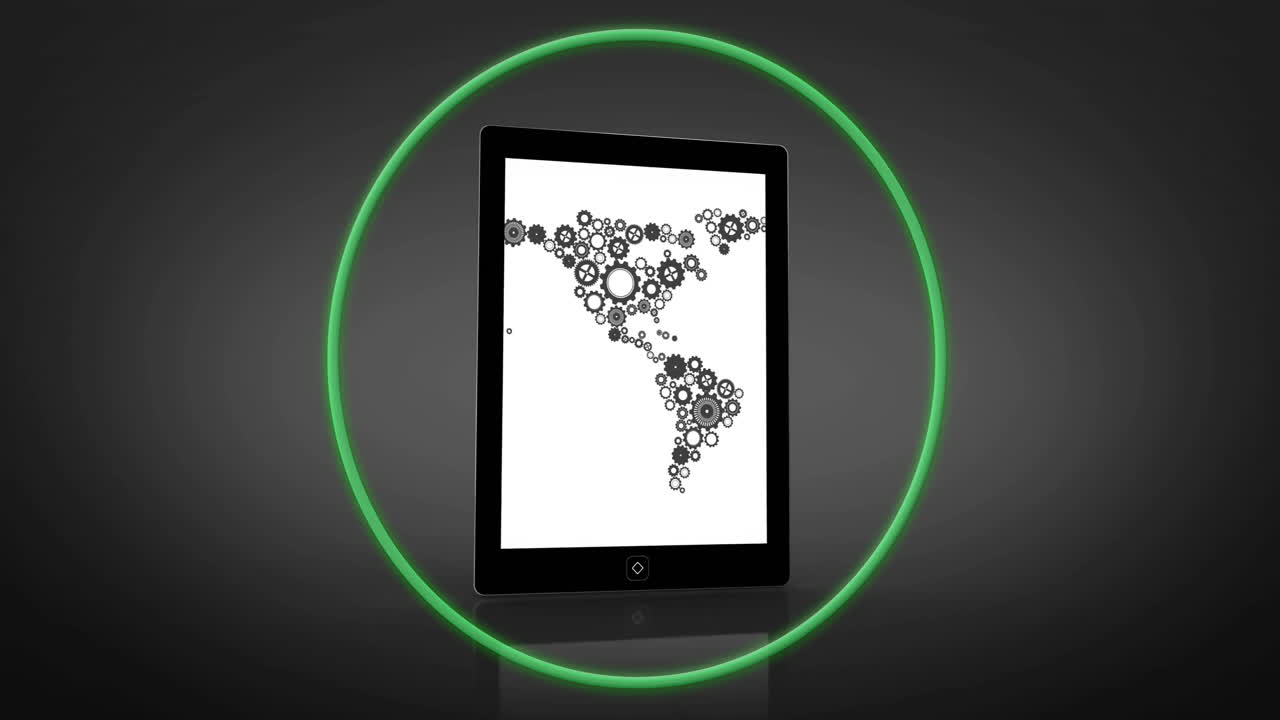 tableta que muestra un mapa del mundo hecho de engranajes, rodeado de animación de círculo verde
