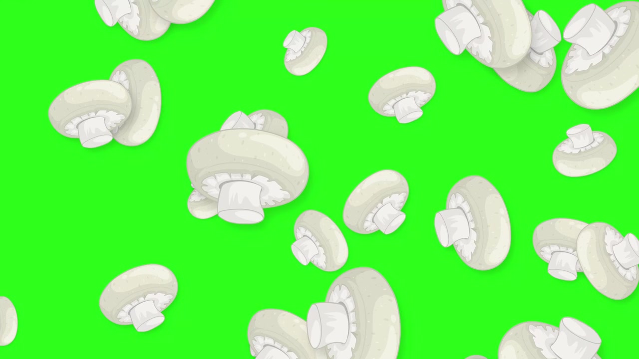 Funghi champignon bianchi animati che cadono e ruotano su uno sfondo a schermo verde brillante