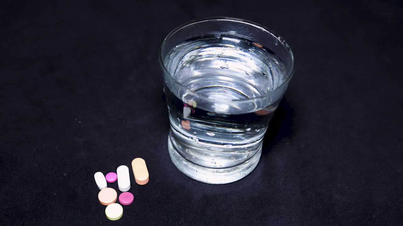 colorful medicine and water glass at indoor setup