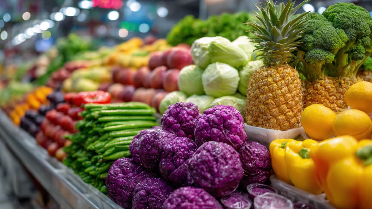 A Vibrant Display of Fresh Fruits and Vegetables in a Market Setting Highlighting Nature's Bounty and Nutritional Variety