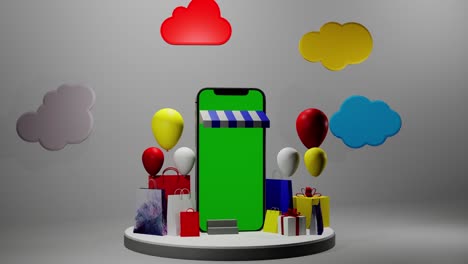 mobile phone with shopping items and clouds