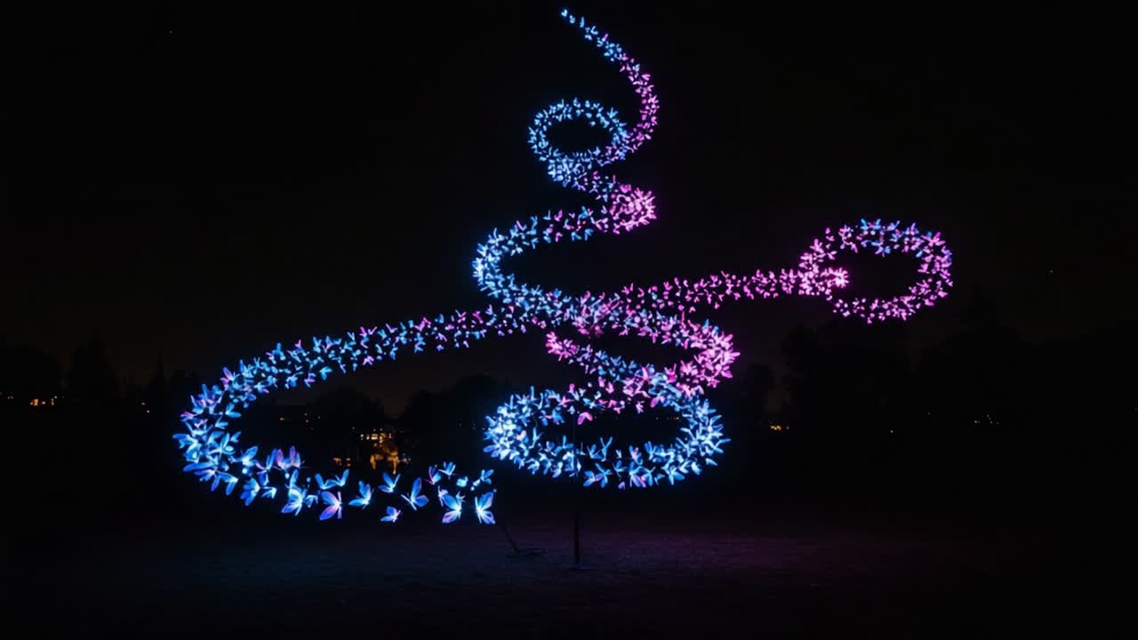 En fängslande uppvisning av vibrerande ljusmönster som spiralerar på natthimlen, med fantastiska färger och transformativt konstnärskap i en dynamisk installation