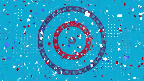 animación digital de confeti cayendo sobre estrellas en círculos giratorios sobre fondo azul