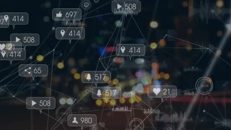 animation of network of connections with media icons over night city